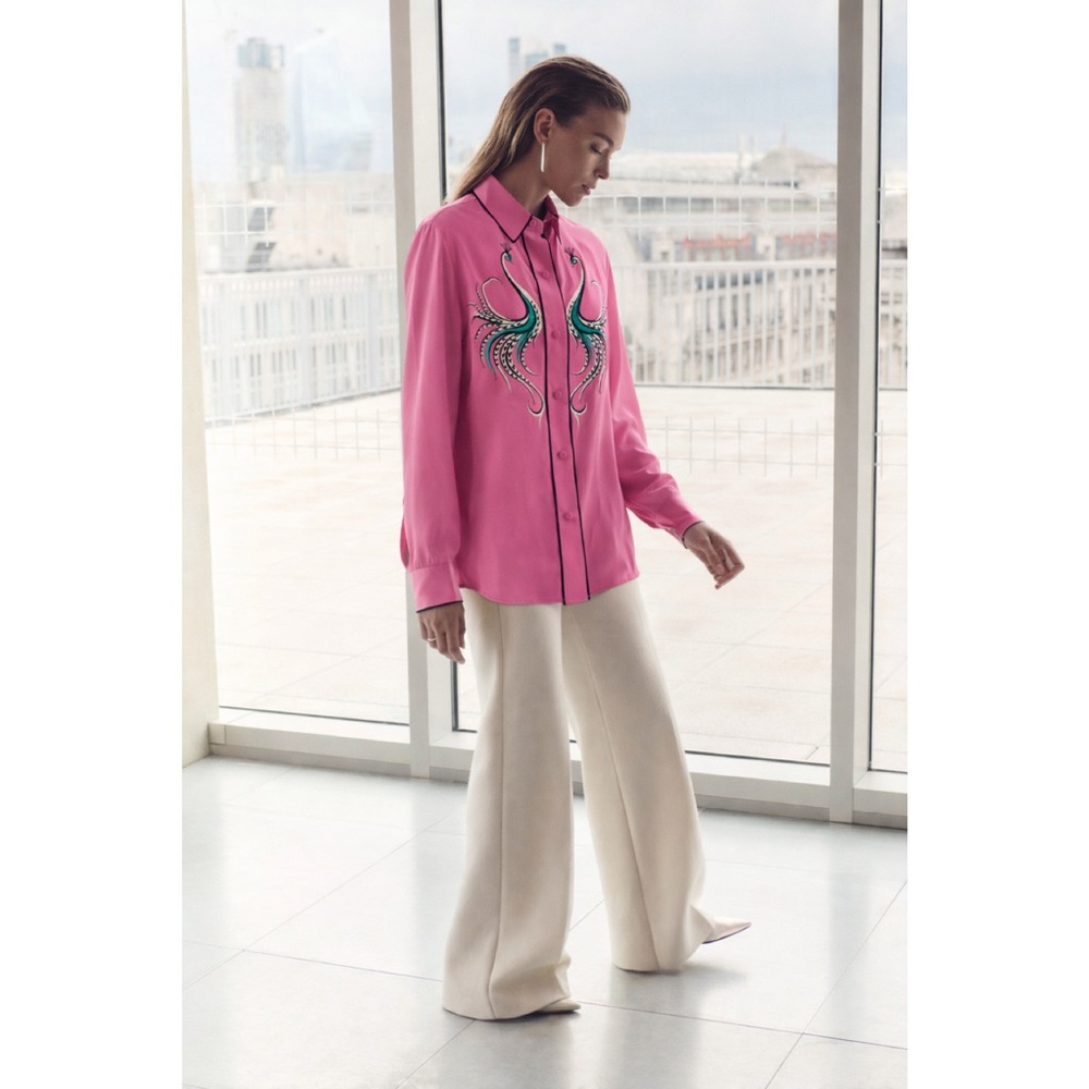 Bob Mackie | Rare Vintage Pink Silk Embroidered Peacock Button Down Blouse L